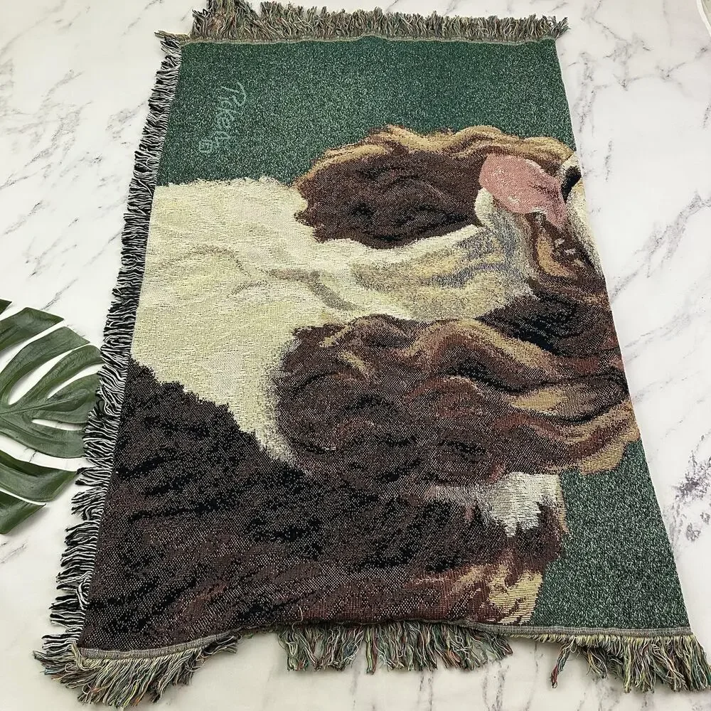 Linda Picken Vintage Y2k Dog Tapestry Throw Blanket Springer Spaniel Green Brown